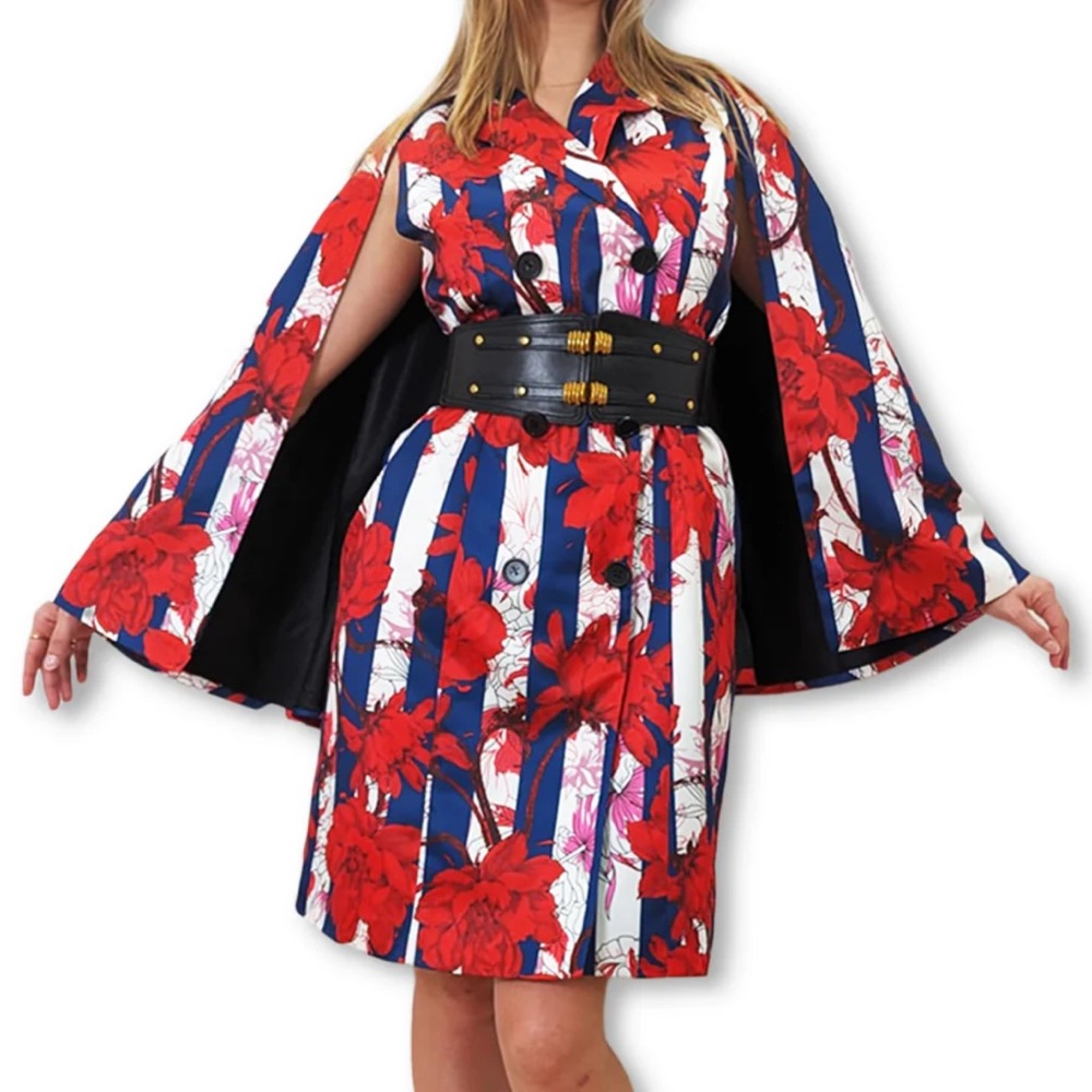 New N By Nancy Red & Blue Mixed Print Cape Jacket Dress X X Large $165 - Picture 2 of 12